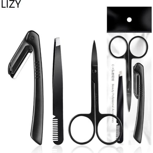 LIZY Stainless Steel Eyelash Tweezers Comb Face Razor Eyebrow Trimmer Eye Brow Scissors Clip Knife Manicure Makeup Tools