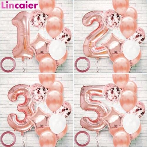 12pcs Rose Gold Number Foil Balloons Birthday Party Decoration Kids 1st First Baby Girl Princess 1 2 3 4 5 6 7 8 9 Years Old