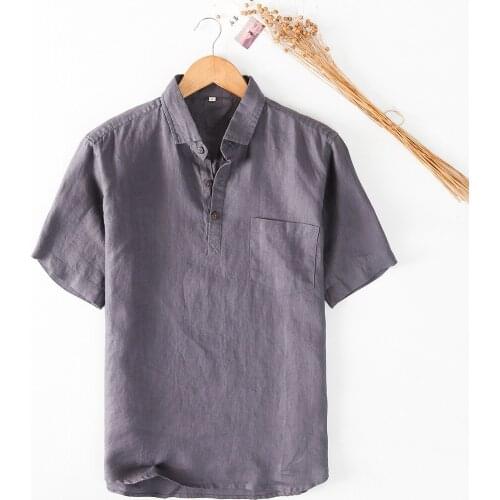 LUCLESAM Men Solid Color Linen Casual Shirt Male Japanese Style Flax Short Sleeve Polo Shirts Camisa Masculina Vintage Clothes