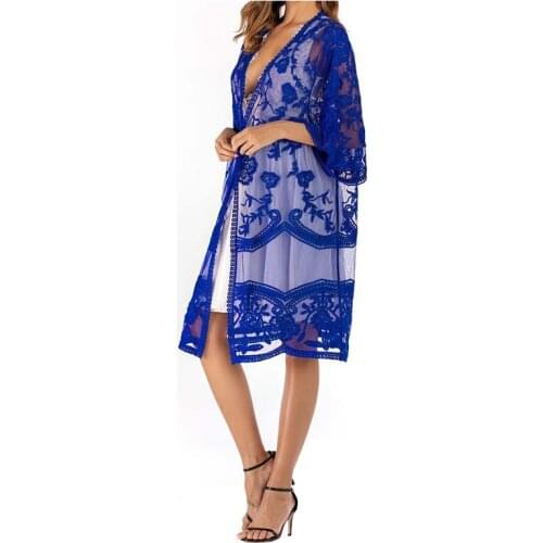 Sexy Beach Bikini Cover up Dress Solid Floral Lace Swimsuit Covers for Women Plus Size Female Perspective Sunscreen Cardigan
