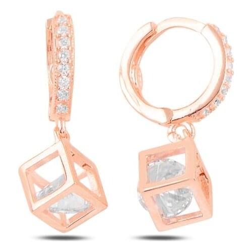 Silver 925 Sterling Dangle Moving Zircon Cube Hagi Earrings