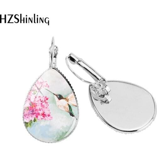 2021 New Colorful Hummingbird Ear Clip Bird Tear Drop Earring Handmade Glass Cabochon Jewelry Earrings