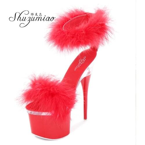 Fairy Women Sandals Shoes 2020 Fur Steel Tube Dancing Striptease Female High-heeled 18CM Sandals Nightclub Wedding Party Shoes