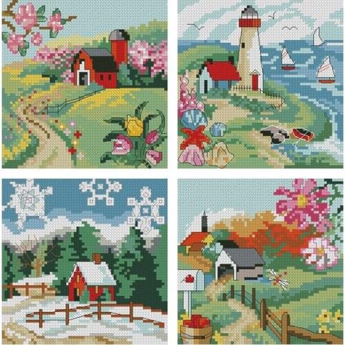 Modern Embroidery The Four Seasons Scenery Cross Stitch Pattern Beginner with 100% Cotton Flosses & Free Shipping for Wall Decor