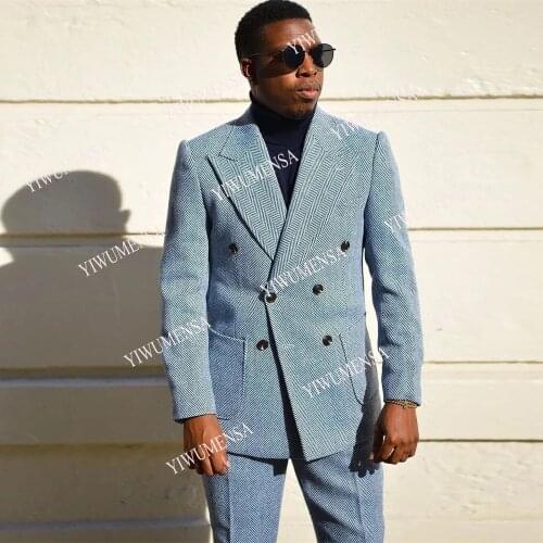 YIWUMENSA Tailor-Made Blue Herringbone Men Suits 2 Pieces Set Jacket With Pants Slim Fit Blazers Double Breasted Coat Tuxedos