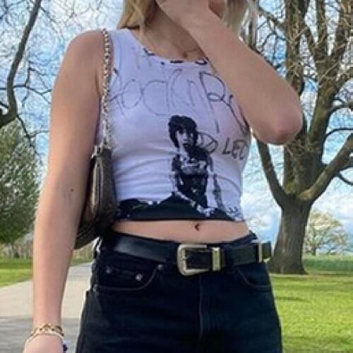 Women Summer Tank Tops, Adults Casual Letter & Human Figure Print Round Neck Pullover