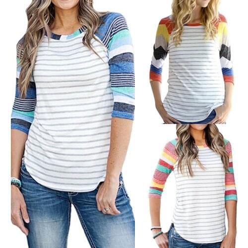 2020 Spring Autumn Women Half Sleeve Tees Jumper O-neck Long Sleeve Striped Slim Laides T-shirt Pullovers Patchwork Femme Tops