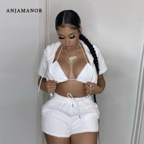 ANJAMANOR Fluffy Shorts Sets Cute Sexy Three Piece Sets Fall 2021 Womens Fashion Outfits Zip Up Hoodie Matching Sets D64-EZ40