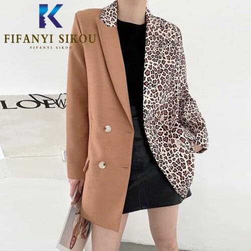 Leopard Spliced Blazer Jacket Women Double Breasted Fashion Patchwork Suit Jacket Autumn Womens Streetwear Loose Blazers Coat