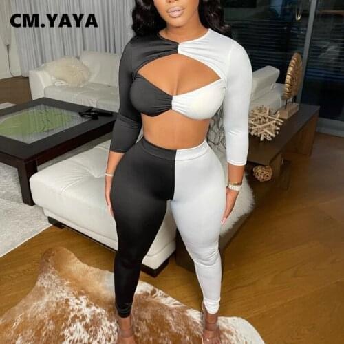 CM.YAYA Women Tracksuit Patchwork Hollow Out Crop Tops + Pencil Pants Two 2 Piece Set Joggers Sweatsuit Casual Outfits Autumn