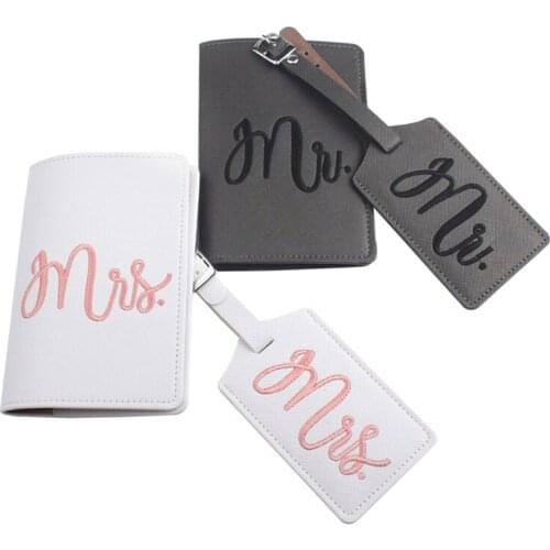 1Set Leather Luggage Tag Embroidery Mr./Mrs. Passport Case for Couples Honeymoon