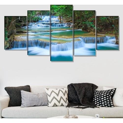 5 Panels Peaceful Waterfall Giclee Canvas Prints Wall Art Green Landscape Pictures for Wall Decor Dining Room Kitchen Extra