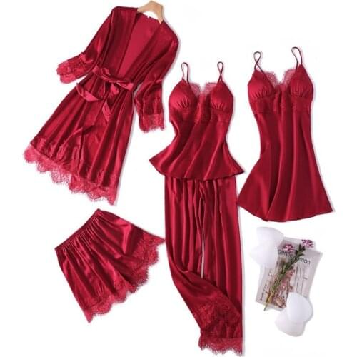 Satin Women Nighty&Robe Sleep Suit Sexy Nightdress Sleepwear Set Kimono Gown Lace PAJAMAS Intimate Lingerie Spring Nightwear
