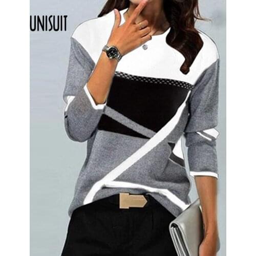 Vintage Geometric Print Patchwork Blouses Women Casual Round Neck Loose Shirt Pullover New Spring Autumn Office Lady Tops Blusas