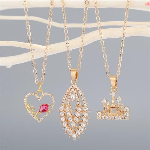 1Pcs Bling Heart Letter Crown Necklace For Women Gift Jewelry Fashion Shiny Unique Crystal Hollow Castle Pendant Clavicle Chain