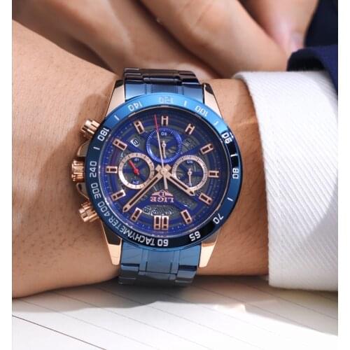 LIGE 2021 New Fashion Mens Watches with Stainless Steel Top Brand Luxury Sports Chronograph Quartz Watch Men Relogio Masculino