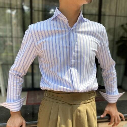 Business Casual Dress Shirt Men Camisa Social Masculina Manga Longa Clothes Men 2021 Autumn Korean Men Striped Printing Shirt