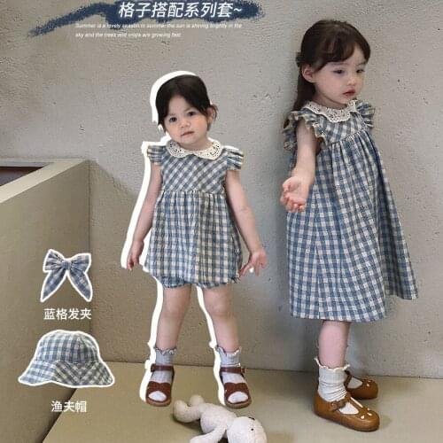 Summer Girls Sister Matching Outfits Children Set Suit Newborn Baby Cotton Plaid Bodysuit Romper Toddler Girl One Piece Dress
