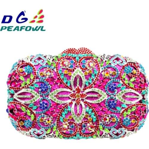 DG PEAFOWL Luxury Fashion Diamond Women Evening Clutches Handbag Colorful Crystal Flower Purses 2019 Chain Party Wallet Bags