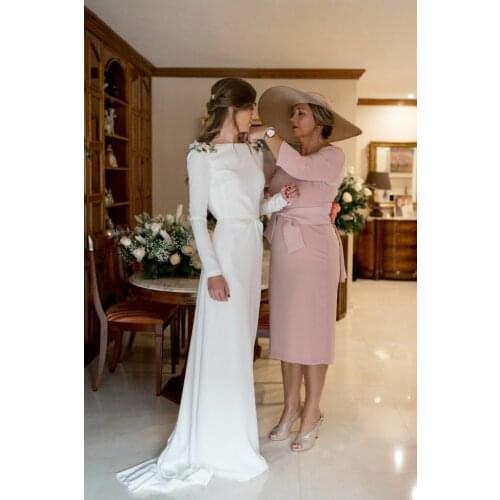 Elegant Long Sleeve Pink Mother of the Bride Dresses with Belt O-Neck Tea Length Stretchy Satin Wedding Party Gowns for Women