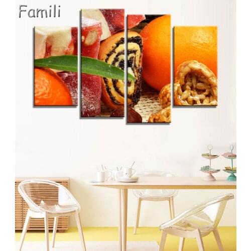 Oil Painting Canvas Print Still Life Sweet Cake Fruit Flower Art Poster Decorative Pictures for Kitchen Room 4 Pieces Unframed