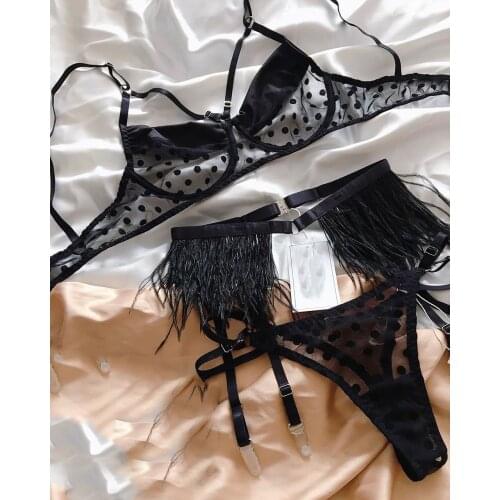 New Sexy Lingerie Bra+Garter+Briefs Set For Women Breathable Brassiere Sexy Polka Dot Cut-Out Mesh Bra Set Beautiful Underwear