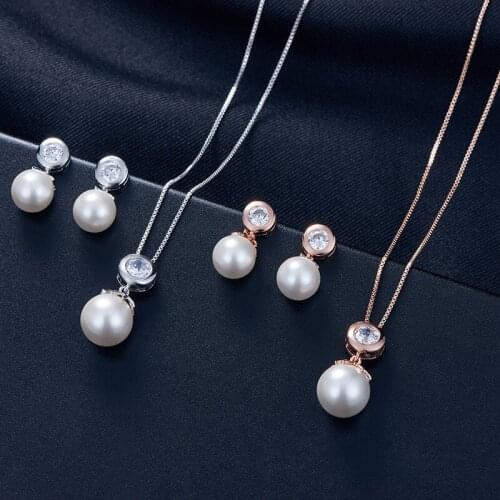 Fashion Simple Round Pearl Rhinestone Inlaid Drop Pendent Earrings Necklace Set Korean Neck Ear Jewelry Sets for Women Girl Gift