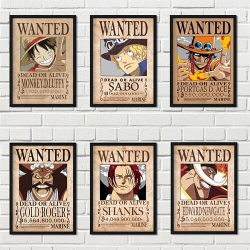 Cartoon Home Decor Wall Sticker Retro Wanted One Piece Japanese Anime Luffy Nursery Kids Room Posters Canvas Painting