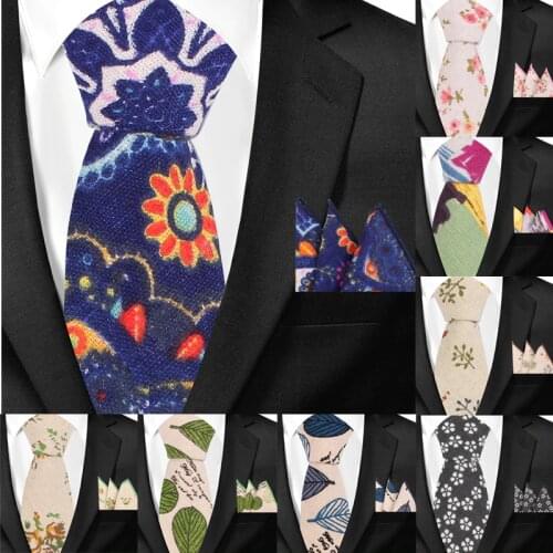 Men Tie Floral Print Neckties For Men Formal Cotton Linen Slim Ties For Wedding Party 6cm Width Skinny Groom Neck Ties Cravat