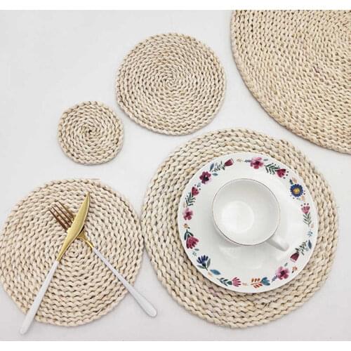 Natural Round Straw hand Woven Non-slip Kitchen Placemat Coaster Insulation Pad Dish Coffee Cup Table Mat Home Decor 51021