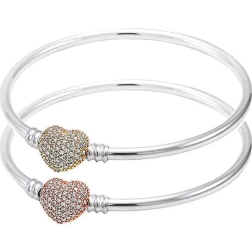 Original Rose Gold Moment Love Heart Clasp Crystal Bangle Bracelet Fit 925 Sterling Silver Bead Charm Bangle Diy Fine Jewelry