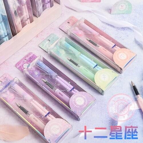1Set Fashion Twelve Constellation Fountain Pen 4 Blue Ink Sacs Replaced Students Office Signature Writing Pens Stationery Kawaii