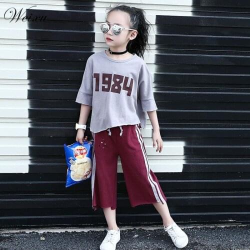 Weixu Kids Girl Summer Outfits Clothing Set Children Cotton Half Sleeve T-shirt +Cropped Pants Tracksuit Clothes Girls 8 10 Year