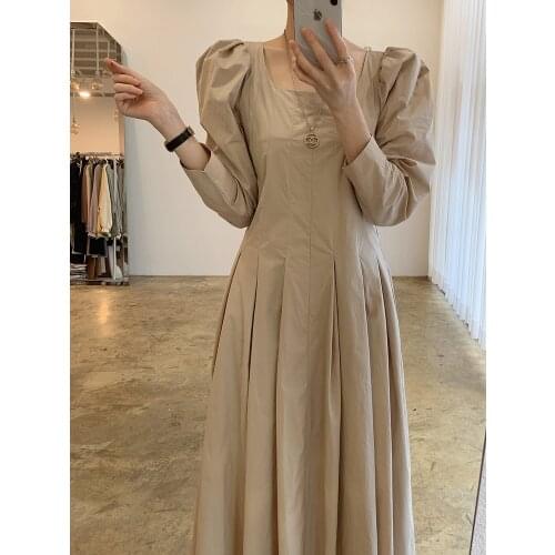 French Vintage WomenS Dress Fall 2020 Korean One-Piece A-Line Square Neck Puff Sleeve Slim Waist Pleated Dress Black Long Dress