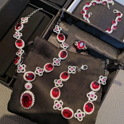 Luxury Ruby Gemstone Bride Wedding Jewelry Set Solid 925 Silver Zirconia Banquet Party Jewelry Ring/Earring/Necklace/Bracelet