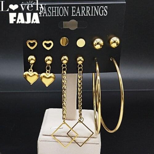 6 Pair 2021 Heart Stainless Steel Small Earrings Women Gold Color Earings Fashion Jewelry acero inoxidable joyeria mujer E612828