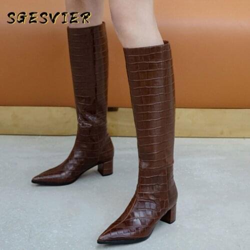SGESVIER 2020 Autumn Winter Genuine Leather Shoes Woman Newest Side Zipper High Heels Knee High Boots Party Casual Shoes Woman