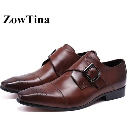 Brown Genuine Leather Men Oxford Shoes Vintage Design Square Toe Moccasin Homme Shoes Man Large Size 46 Buckle Sapato Masculino