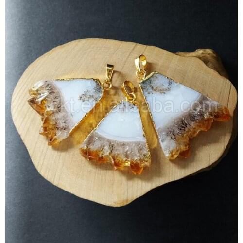 WT-P825Natural slice yellow stone pendant gold trim yellow stone pendant for necklace making free form stone pendant