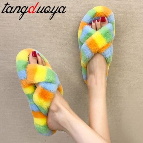 2021 winter Korean net red fur Womens shoes female flat word with fur slippers fashion thick bottom home lazy slippers women