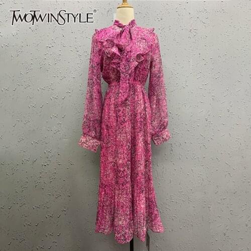 TWOTWINSTYLE Vintage Purple Print Dress For Women V Neck Long Sleeve High Waist Lace Up Pleated Maxi Dresses Female 2021 Fashion