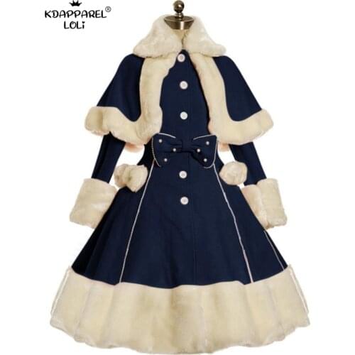 Lolita Dress Suit Women Winter Fur Collar Shawl & Bow Vintage Gothic Victorian Warm Thick Cute Girls Full Sleeve Spring Autumn