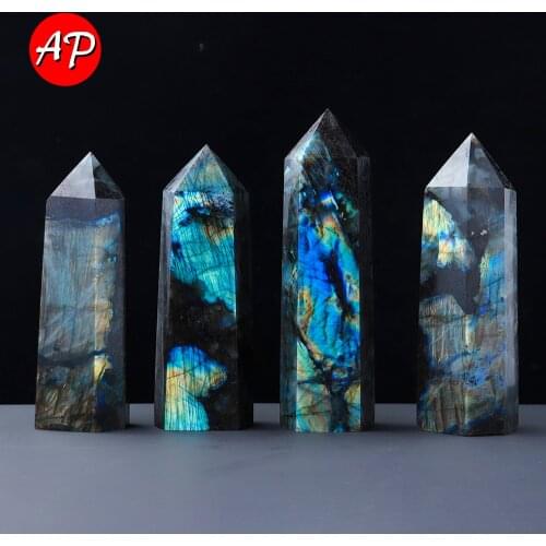 1pc Natural Big Size Blue Light Gem MoonStone Crystal Point Labradorite Quartz Wand Divination Energy Home Decoration