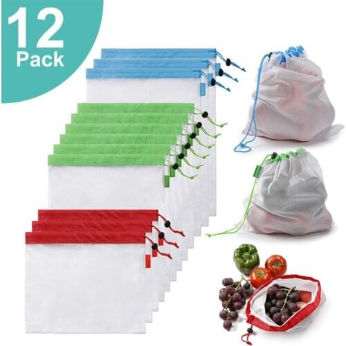12Pcs/lot Reusable Produce Bags Eco Friendly Fruit Vegetable Mesh Bag Grocery Market Bag Kitchen Organizers Kids Toy Storage Bag
