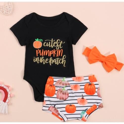 Baby Girls Clothes Letter Print Short Sleeve O-neck Romper Tops+Pumpkin Print Shorts+Bow Headband 3Pcs Cotton Halloween Set