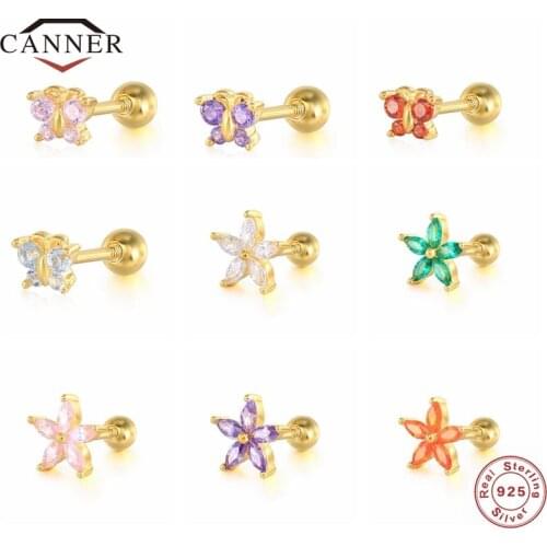 CANNER Butterfly &Flower Colored Zircon Earring 925 Sterling Silver Stud Earrings for Women Piercing Earring Jewelry Pendientes