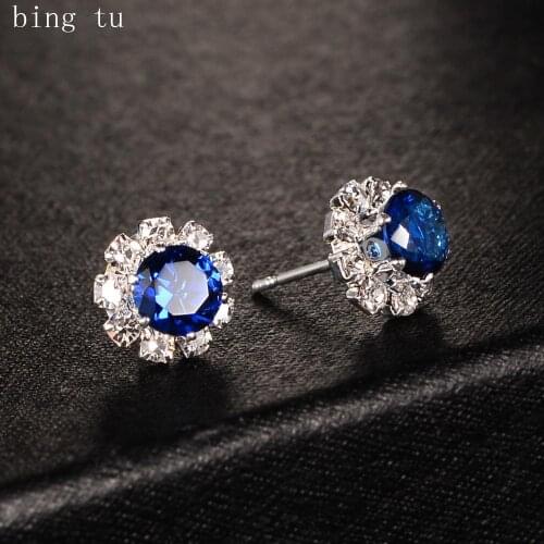 Bing Tu Women Flower Earrings Blue Red CZ Zircon Floral Stud Earring Elegant Cute Small Jewelry Earing Christmas Gift bijoux