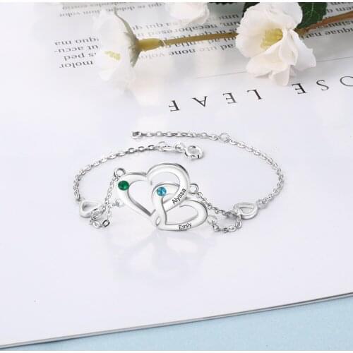 Personalized Interlocking Heart Bracelet with Birthstone For Couples Adjustable Custom Engraved Name Bracelets BBF Lovers Gift