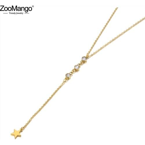 ZooMango Titanium Stainless Steel CZ Crystal Star Charm Choker Necklaces Office Style Pendant Chain Necklace For Women ZN20126