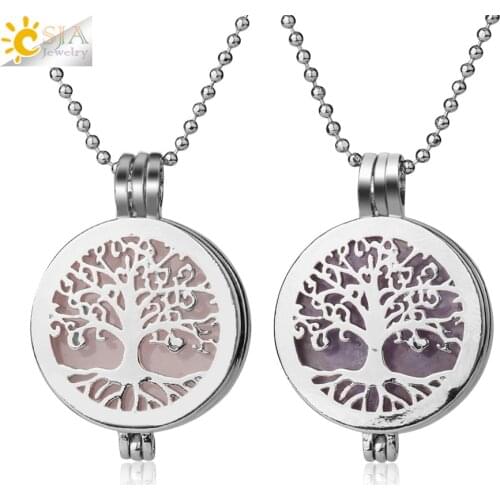 CSJA Healing Natural Stone Pendant Necklaces Tree of Life Locket Essential Oil Perfume Aromatherapy Diffuser Necklace Women G303